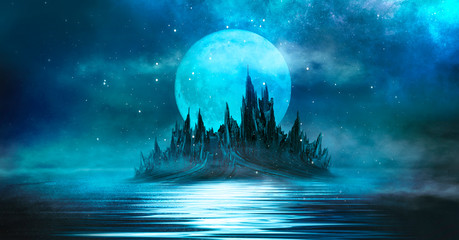Wall Mural - futuristic night landscape with abstract landscape and island, moonlight, shine. dark natural scene 
