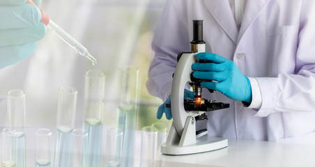 Wall Mural - laboratory concept; scientist uses a microscope, with blurred of research activity in the laboratory
