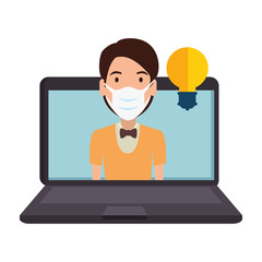 man using face mask in laptop isolated icon vector illustration design
