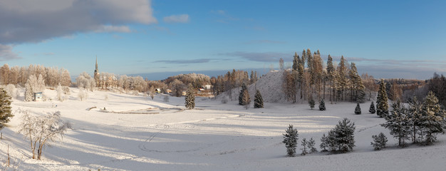 Otepaa church on picturesque hill at winter. NatGeo listed sight. Frosty sunny day.