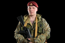 Male In Russian Mechanized Infantry Uniform Isolated With Clipping Path On Black Background.