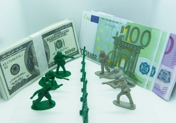 Financial war concept. Currency financial war concept dollar and euro bills, soldiers in currency war