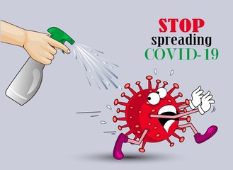 red virus character scared of spraying sanitizer. Fight coronavirus with health care. Hygiene, COVID-19,coronavirus, world outbreak. Funny cartoon vector illustration.