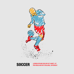 Wall Mural - Soccer player fights with ball on heel. Vector outline of soccer player with scribble doodles style.