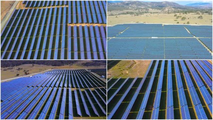 Wall Mural - a four way split screen of aerial view shots of a large solar panel farm for renewable energy supply