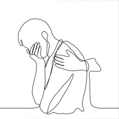 drawing of a crying man, his hand pressed to his face, someone else is trying to console him with a stroke of his hand. One continuous line art is the concept of despair and comfort