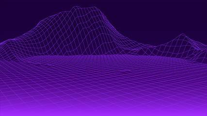 Poster - Abstract digital retro polygonal wireframe landscape. Retro background futuristic landscape 1980s style. Pink vector mesh illustration on dark background.