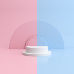 Poster - Minimal mock up scene with round geometric podium in pink and blue color. Product presentation. 3D rendering.