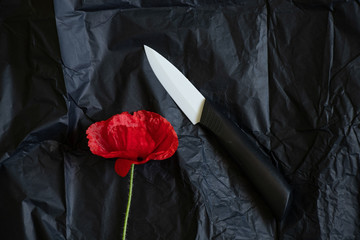 ceramic kitchen knife lies on black paper close-up