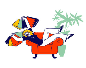 Wall Mural - Young Woman Shopaholic Character Lying on Armchair with Many Colorful Shopping Bags in Hands Happy about Making Lot of Purchases in Mall. Girl Shopper in Store. Linear People Vector Illustration