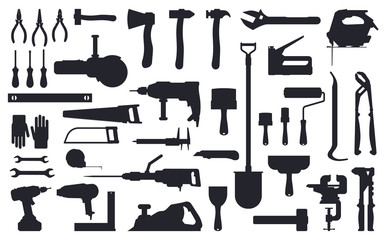 Tools silhouette. Working construction and repair tools, ax, shovel and drill black silhouettes isolated vector illustration icons set. Silhouette ax and equipment, trowel and shovel