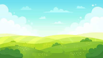 cartoon meadow landscape. summer green fields view, spring lawn hill and blue sky, green grass field