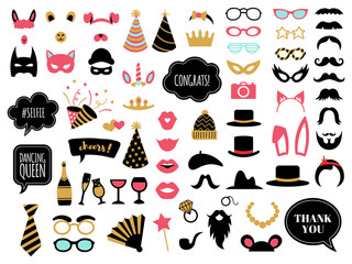 Photobooth accessories. Wedding day celebrations props, glasses, mustache and bunny ears, photo props decoration vector illustration symbols set. Photobooth moustache, congrats tag and champagne