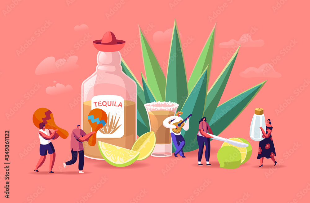 People Drinking Tequila Concept. Tiny Male and Female Characters with Maracas, Salt and Lime at Huge Bottle and Agave Azul Plant. Mexican Culture Tourism, Latin Landmark. Cartoon Vector Illustration - obrazy, fototapety, plakaty 