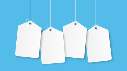 Poster - Tag speech bubble on blue sky. Copy space with white blank hanging. paper art vector illustration