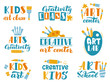 © WinWin - Creative art lettering. Kids art class or studio handwritten labels, children creativity center calligraphic elements vector illustration set. Art center education, paint logo artistic school