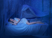 Fantasy Scared Blond Woman Lies Sleeping In Bed Bedroom. White Vintage Nightdress. Nightmare Ghost In Form Of Blanket, Sheet Under Cloth Fabric Attacks Sleeping Beauty Princess. Gothic Art Photography