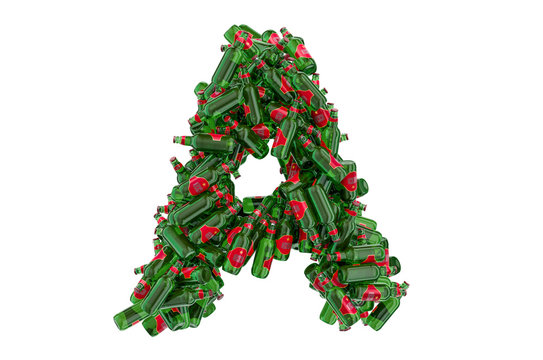 Letter A from green glass beer bottles, 3D rendering