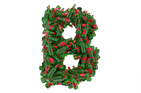 Letter B from green glass beer bottles, 3D rendering