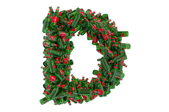 Letter D from green glass beer bottles, 3D rendering
