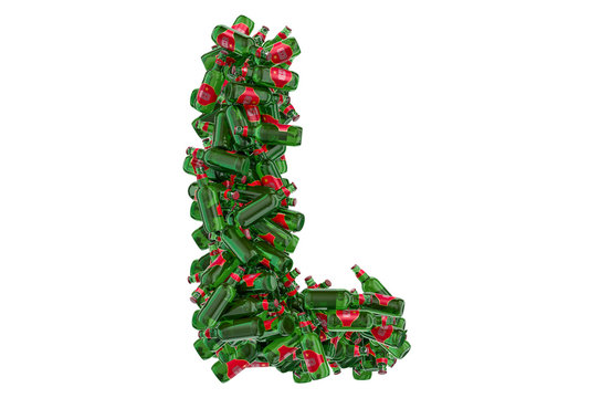 Letter L from green glass beer bottles, 3D rendering