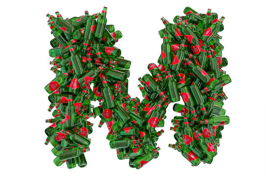 Letter M from green glass beer bottles, 3D rendering