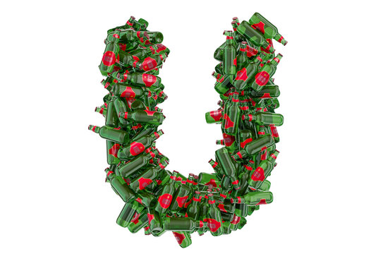 Letter U from green glass beer bottles, 3D rendering