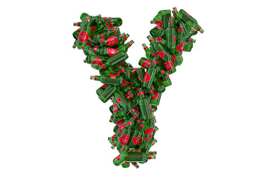 Letter Y from green glass beer bottles, 3D rendering
