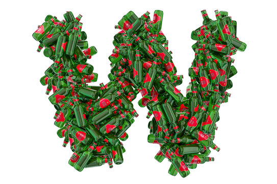 Letter W from green glass beer bottles, 3D rendering