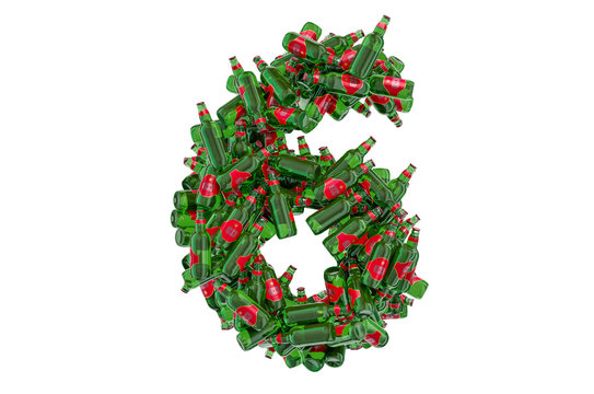 Number 6 from green glass beer bottles, 3D rendering