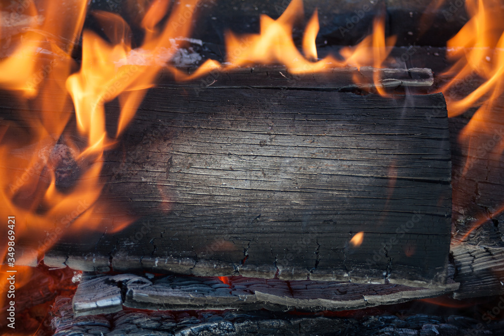 Burning Black Horizontal Board With Open Red Fire Flame Dark Grey