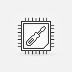 Poster - Computer Processor with Screwdriver line icon. Vector CPU repair concept symbol