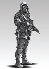 Vector Policeman Tactical Shoot Illustration. Armed Police Military Preparing To Shoot With Automatic Rifle.
