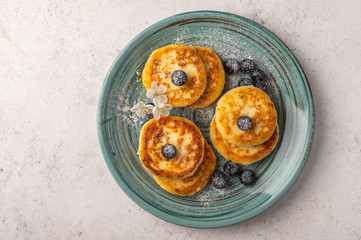 Traditional russian cheesecake with blueberries and powdered sugar on a ceramic plate on a light background. Top view. Copy space for text