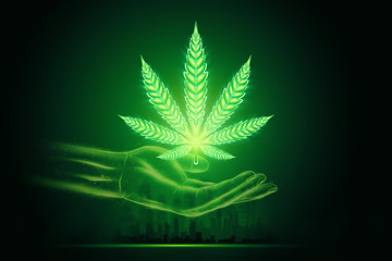 Male hands with marijuana sign, hemp leaf, cannabis consumer symbol. The concept of legalization of marijuana medical use, the impact on the psyche. Copy space. 3D illustration, 3D rendering.