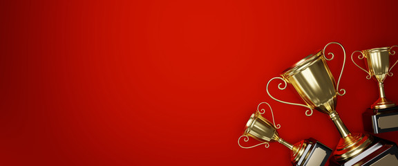 Wall Mural - golden trophy award on red background. gold winners trophy with copy space for text. 3d rendering.