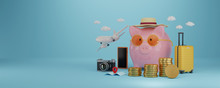 Piggy Bank On Vacation With Travel Accessories On Blue Background. Vacation Budget Concept. 3d Rendering.