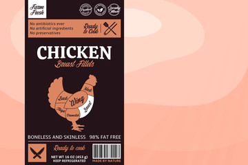 Wall Mural - Vector chicken label design. Breast fillet background. American (US) cuts of a chicken diagram