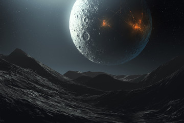 Wall Mural - science fiction futuristic space landscape, alien planet and cities on moon, 3d illustration