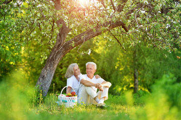 Sticker - Portrait of loving elderly couple having a picnic