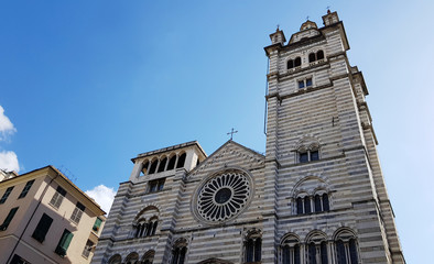 View of the exterior of the Genoa Cathedral (Cattedrale di San Lorenzo) in Genoa, Italy