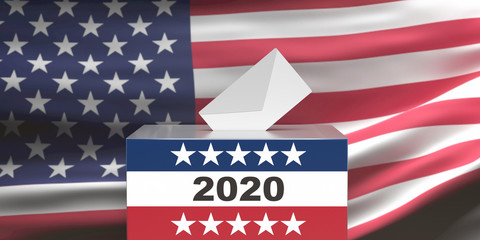 Wall Mural - 2020 US election. Ballot box and envelope on USA flag background. 3d illustration