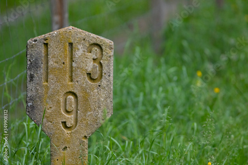 Cuadros en Lienzo Hito de piedra con el número 113 9 en La Ruta del Ferro (la Ruta del Hierro) Sant Joan de les Abadesses, El Ripollès, Girona, Catalunya, Espanya