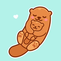 Wall Mural - cute cartoon otter mom and baby