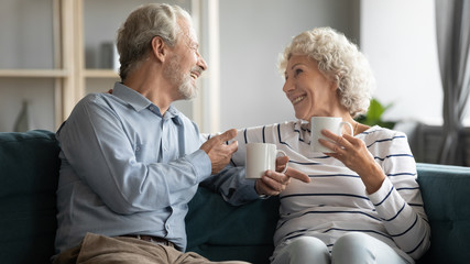 Excited middle aged hoary man chatting with joyful mature wife, relaxing on cozy sofa, drinking morning coffee. Happy old retired couple holding cups of tea, enjoying pleasant conversation at home.