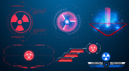 Aufkleber - HUD, UI, GUI futuristic user interface screen elements set. High tech screen for video game. Sci-fi concept design. Callouts titles. Modern banners, frames of lower third. Red. Vector illustration