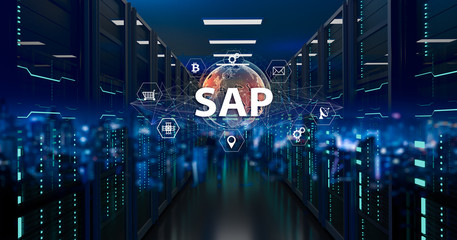 SAP - Business process automation software and management software (SAP). ERP enterprise resources planning system concept on virtual screen.
