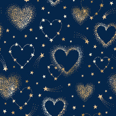 Wall Mural - seamless romantic space pattern with gold heart shape constellations, comets and stars on blue backg