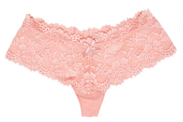 Underwear woman isolated. Close-up of luxurious elegant pink lacy thongs panties isolated on a white background. Underwear fashion. Front view.