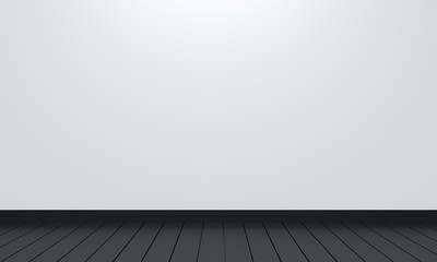 Poster - Empty white room with overhead lighting and black wooden floor. Backdrop design for product promotion. 3d rendering